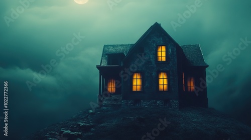 Mysterious house with glowing windows in foggy night