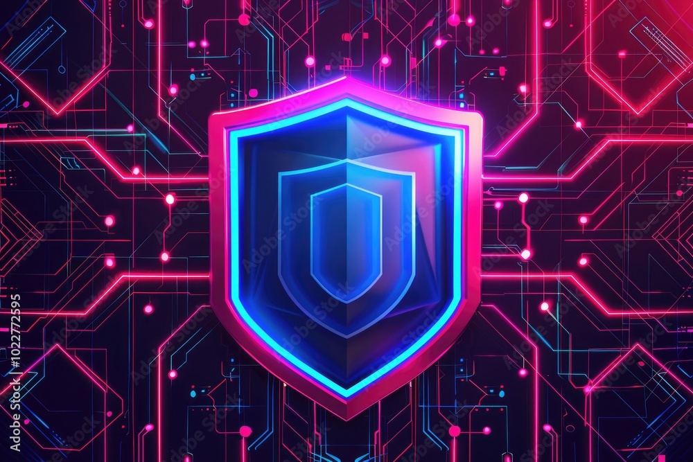 Fototapeta premium Neon Glowing Shield on Abstract Circuit Board Background