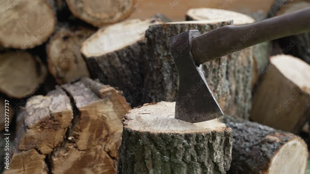 Axe embedded in a log surrounded by rustic firewood stacks Axe embedded in a log surrounded by rustic firewood stacks