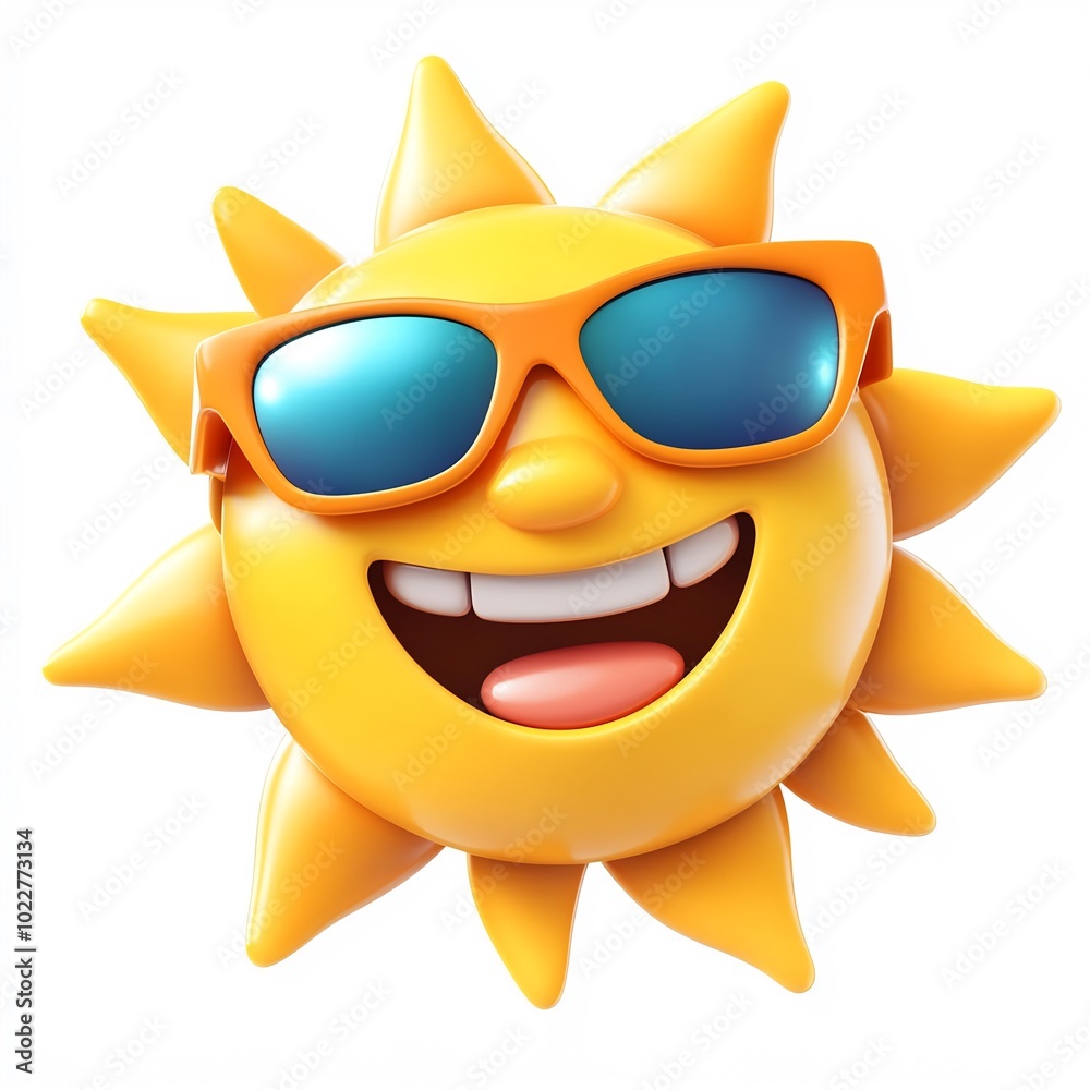 A cheerful cartoon sun with sunglasses and a big smile on a white background A cheerful cartoon sun with sunglasses and a big smile on a white background