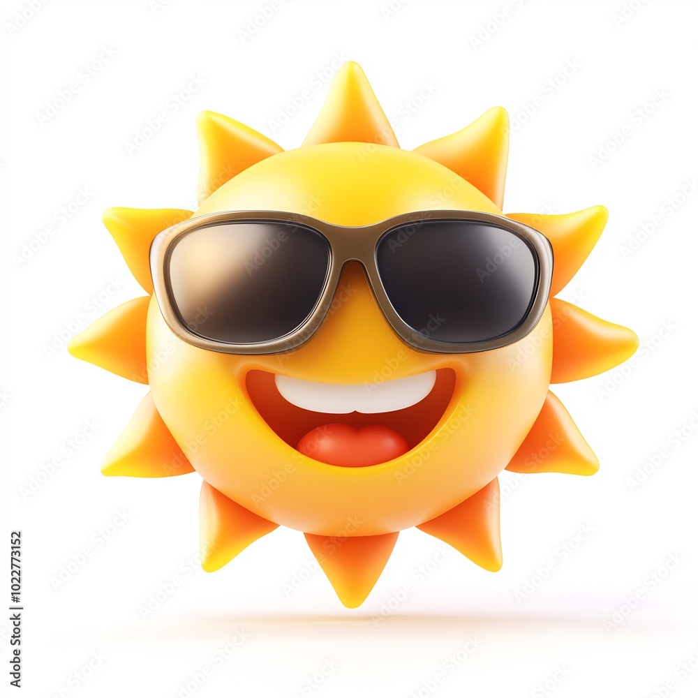 A cheerful cartoon sun with sunglasses and a big smile on a white background A cheerful cartoon sun with sunglasses and a big smile on a white background