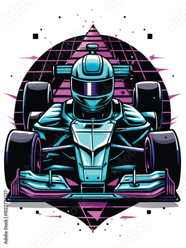 Futuristic Formula 1 car with neon accents and a grid background, racing in a neon-lit futuristic race track.