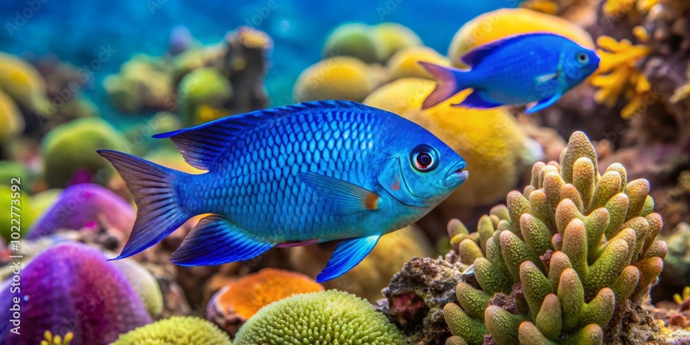 Threespot Damselfish Defending Algae Garden on Coral Reef in Grand Cayman, Caribbean Sea Threespot Damselfish Defending Algae Garden on Coral Reef in Grand Cayman, Caribbean Sea