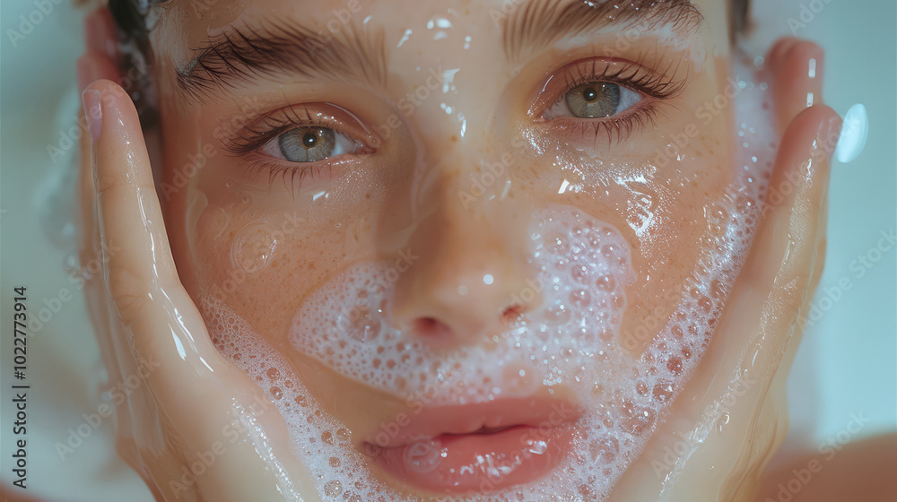 A young woman washing her face with a gentle foaming cleanser, water droplets and bubbles, refreshing and clean visual, bathroom setting. A young woman washing her face with a gentle foaming cleanser, water droplets and bubbles, refreshing and clean visual, bathroom setting.