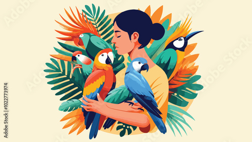 a person cradling a selection of exotic birds, including paradise bird, cockatoo, and starling