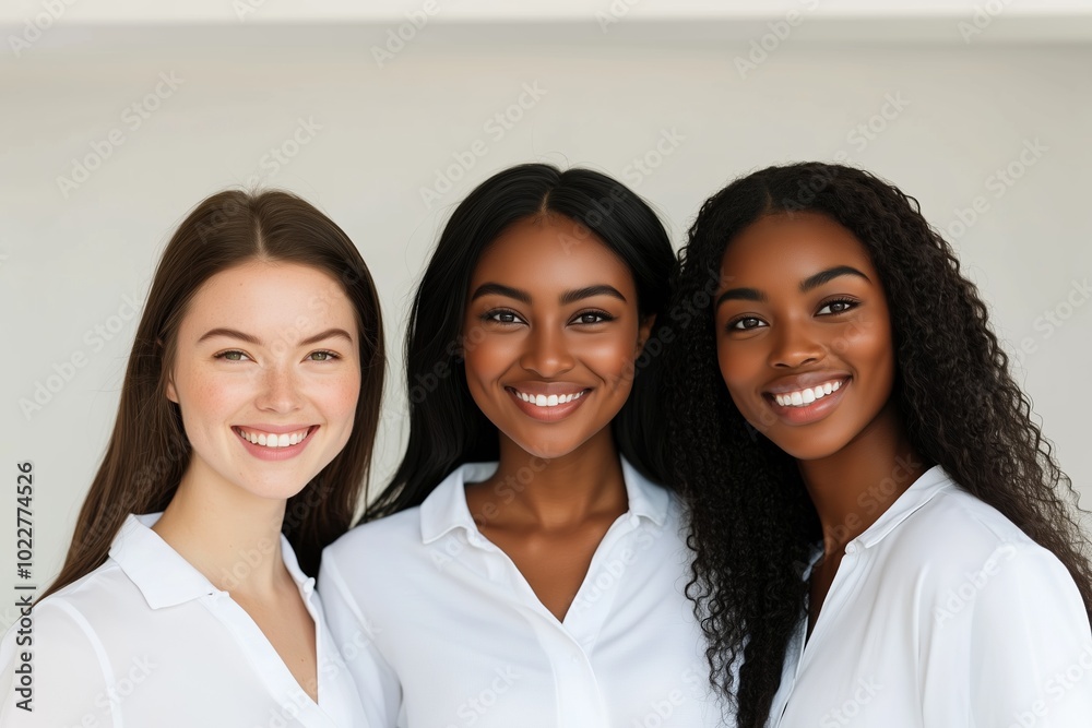 Three women sharing smiles together in a bright, modern indoor setting Three women sharing smiles together in a bright, modern indoor setting