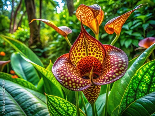 Striking Cobra Lily with Unique Shape and Colorful Patterns in a Lush Green Natural Environment photo