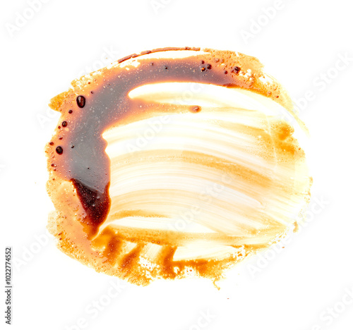 Spilled Soy Sause Leftovers Isolated, Teriyaki Drops on White Plate, Oyster Sauce Smear Texture photo