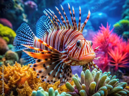 Striking Devil Lionfish Swimming Gracefully Among Colorful Coral Reef in Crystal Clear Waters photo