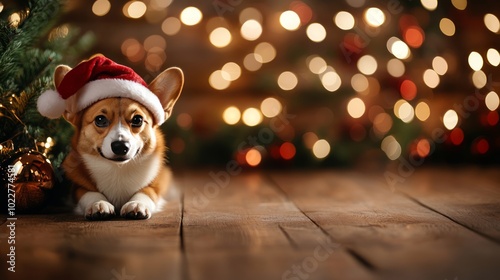 Corgi dog is lying on a wooden floor wearing a santa hat with christmas lights in the background. The image is perfect for christmas cards, social media posts, and websites