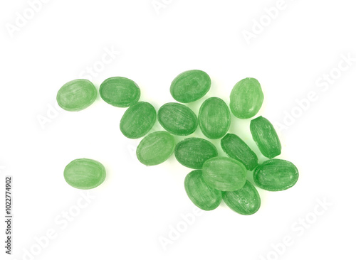 Mint Candy Isolated, Green Hard Candies, Menthol Sugar Bonbon Pile, Colorful Lozenge on White