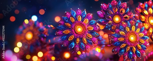 Vibrant floral designs illuminated with colorful lights, creating a stunning visual display in a magical atmosphere.