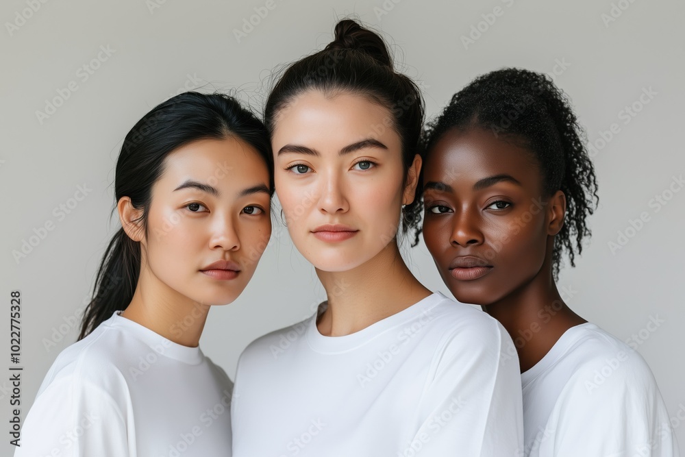 Three women of different ethnic backgrounds posing together in casual white t-shirts Three women of different ethnic backgrounds posing together in casual white t-shirts