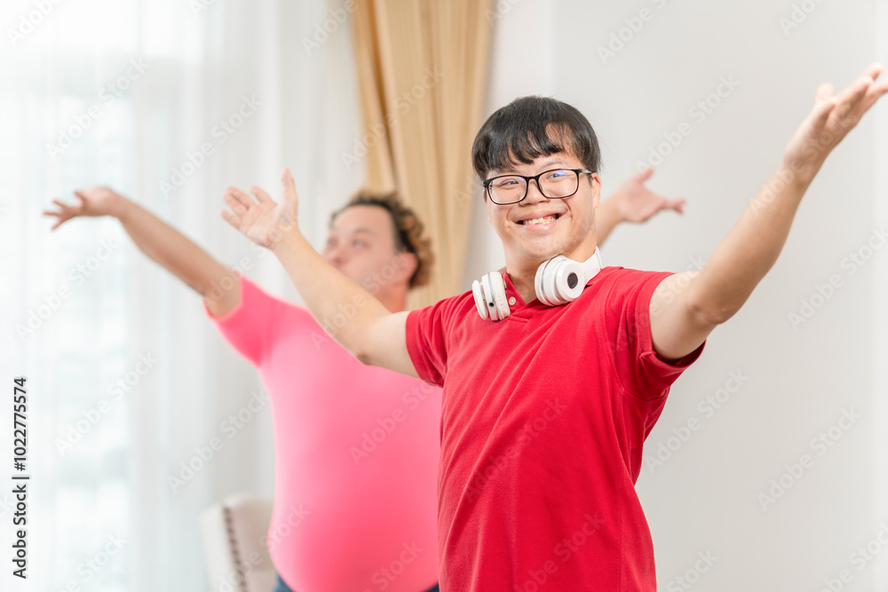 Funny friends dancing and singing at home, Two cheerful young Asian man dance in living room Funny friends dancing and singing at home, Two cheerful young Asian man dance in living room