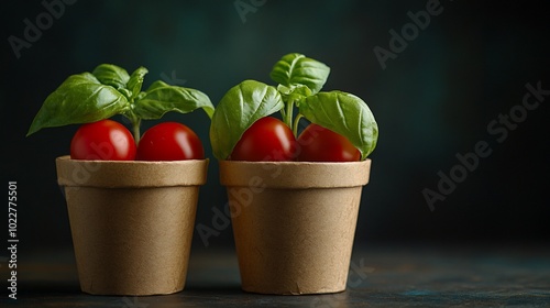 Two small pots with fresh basil and cherry tomatoes.