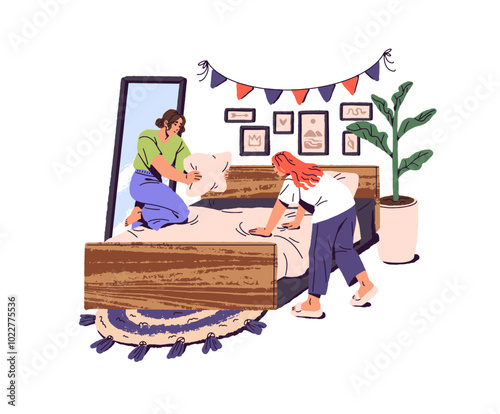 Lesbian couple makes bed. Happy girls change sheet, pillows in bedroom together. Spring cleaning, housework, housekeeping. Cozy home interior. Flat isolated vector illustration on white background