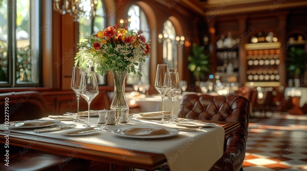 Elegant restaurant setting with a floral centerpiece and fine dining. Elegant restaurant setting with a floral centerpiece and fine dining.