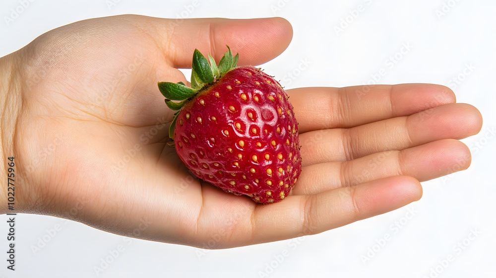 Obraz premium Top view of a berry resting on an open hand isolated on a white background