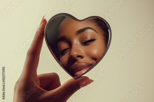 A hand gracefully holds a heart-shaped mirror reflecting a joyful woman in soft light photo