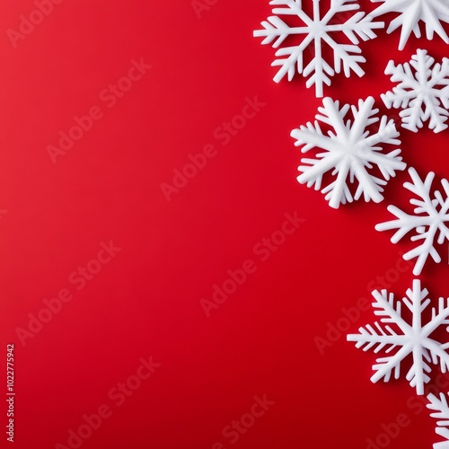 Crisp White Snowflakes on Red: Minimalistic Christmas Background with Elegant Symmetry and Copy Space