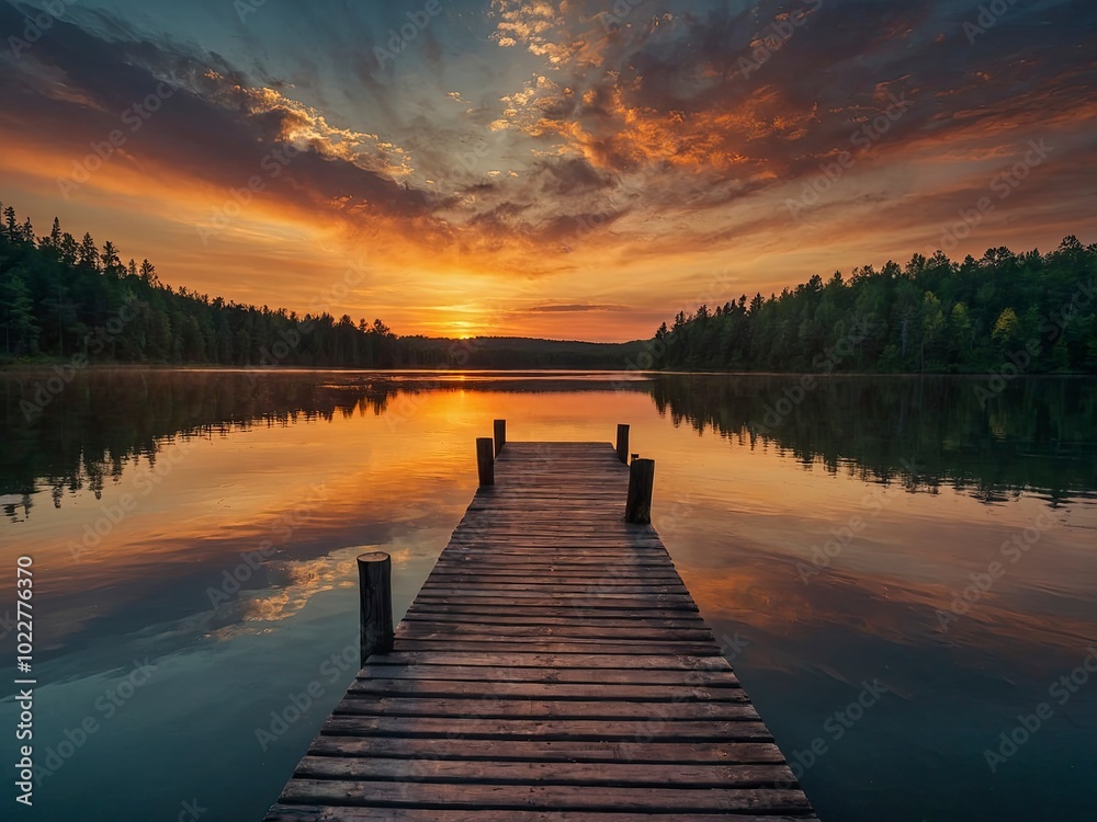 Fototapeta premium Breathtaking sunset over tranquil lake with forested shoreline. Tranquil lake with a stunning sunset