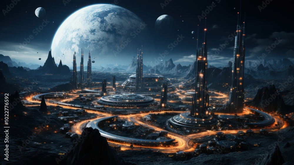 Fototapeta premium Futuristic Cityscape Under a Double Moon