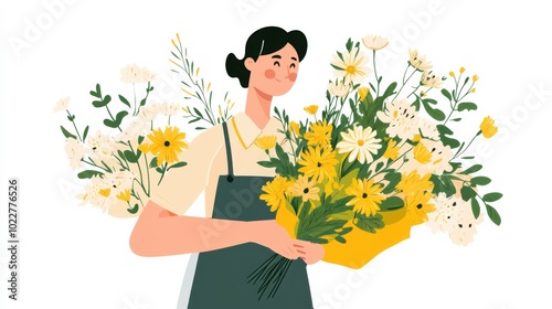 llustration of a florist arranging a bouquet with vibrant blooms photo