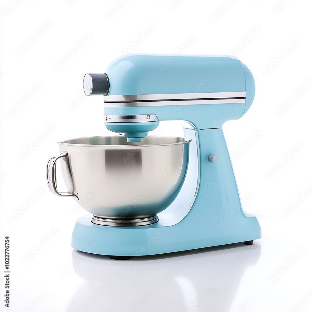 A classic stand mixer in pastel blue on a white background, complete with a mixing bowl. A classic stand mixer in pastel blue on a white background, complete with a mixing bowl.