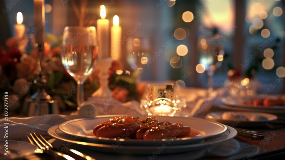 Elegant Dinner Setting with Delicious Food and Soft Candlelight Glow Elegant Dinner Setting with Delicious Food and Soft Candlelight Glow