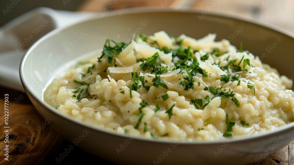 Delicious creamy risotto topped with fresh herbs and cheese in a cozy bowl. Delicious creamy risotto topped with fresh herbs and cheese in a cozy bowl.