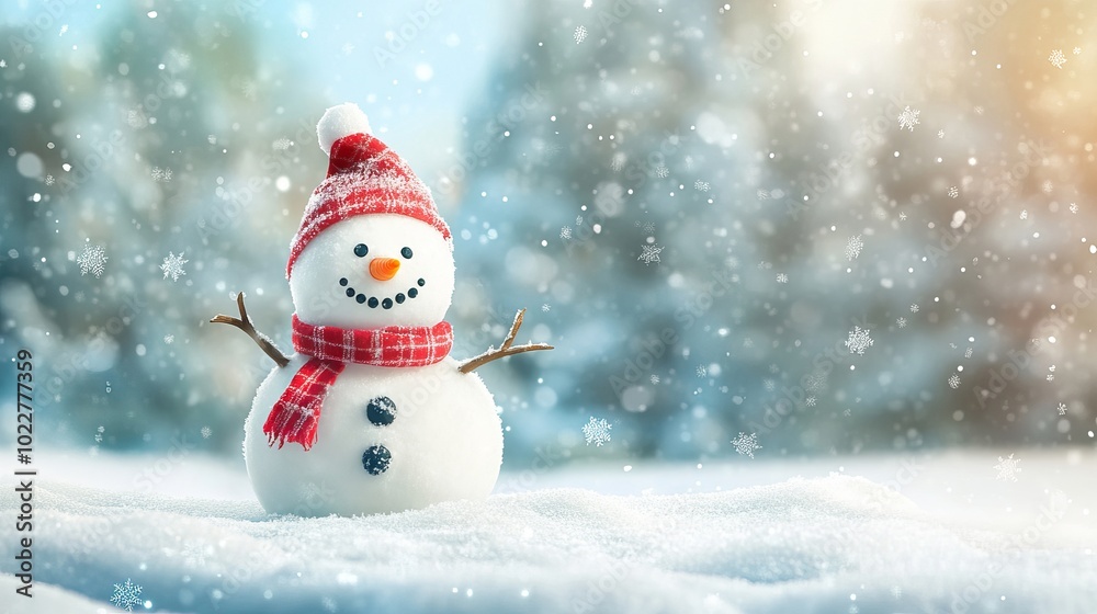 Panoramic Winter Landscape with Cheerful Snowman in Snowy Scene, Perfect for Holiday and Seasonal Themes, Space for Text Panoramic Winter Landscape with Cheerful Snowman in Snowy Scene, Perfect for Holiday and Seasonal Themes, Space for Text