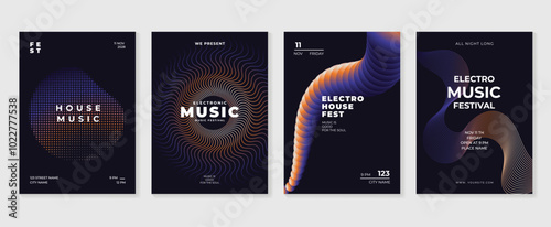 Music poster design background vector set. Electro Sound Cover template with vibrant abstract gradient geometric shape and line wave. Ideal design for social media, flyer, party, music festival, club.