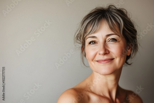 A peaceful portrait of a mature woman with short hair and a gentle smile against a neutral background