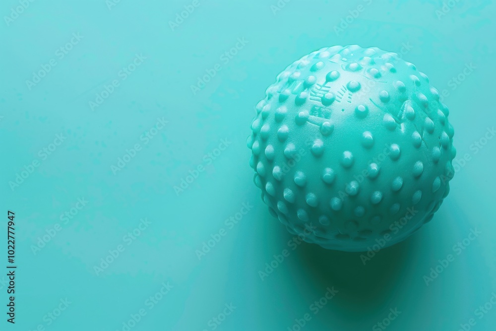 A textured teal rubber ball on a solid turquoise background A textured teal rubber ball on a solid turquoise background