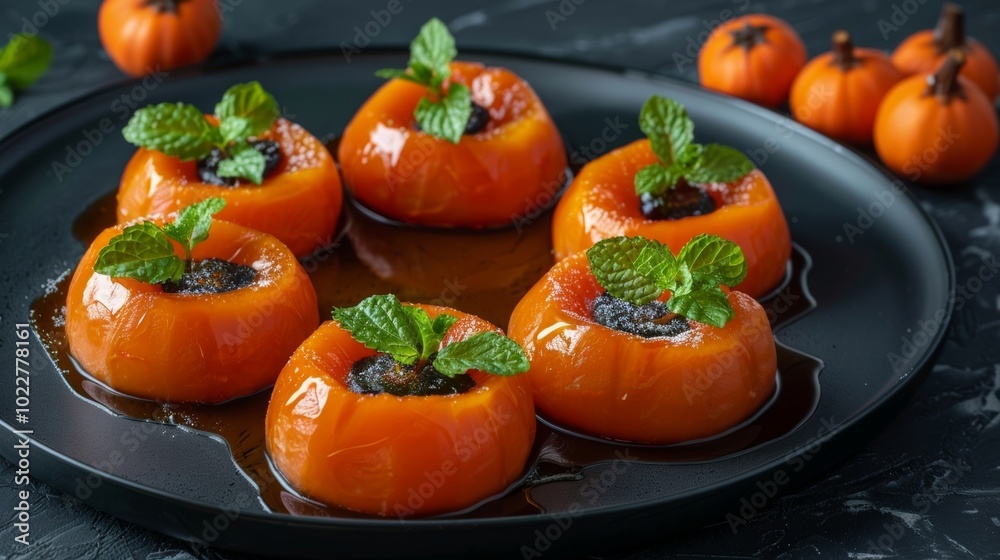 Delicious Persimmon Treats Served on a Black Plate with Mint Leaves for a Touch of Freshness Delicious Persimmon Treats Served on a Black Plate with Mint Leaves for a Touch of Freshness
