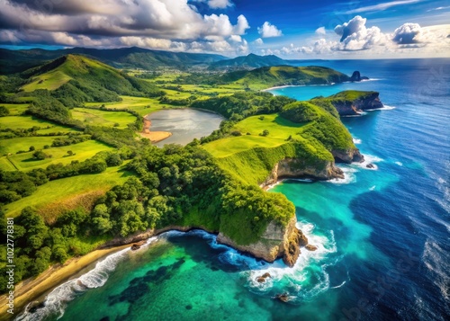 Stunning Aerial View of Cilacap Coastal Landscape with Blue Ocean and Lush Green Hills in Indonesia photo