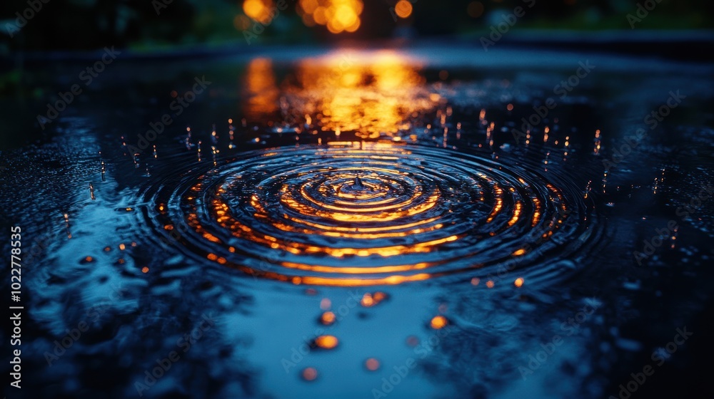 Raindrops creating ripples on a reflective surface at dusk.