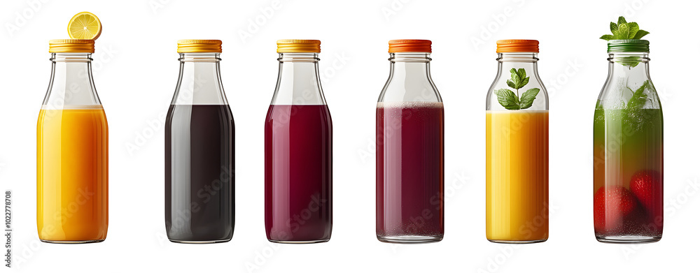 Set of various healthy fresh fruit juice in glass bottles isolated on transparent background. Set of various healthy fresh fruit juice in glass bottles isolated on transparent background.