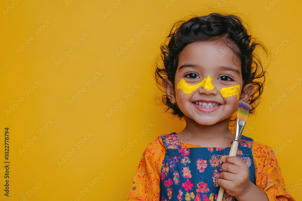 indian girl is holding a paintbrush on yellow background