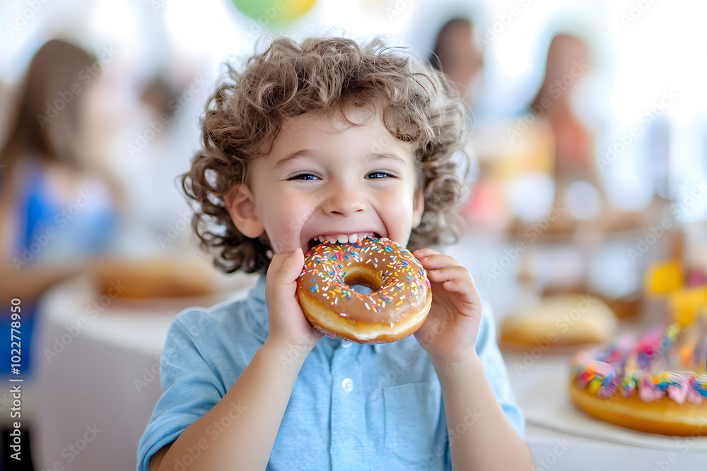Kid excitedly eating donut at birthday party Kid excitedly eating donut at birthday party