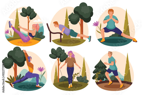 Collection of six Outdoor training hand drawn cartoon mini compositions
