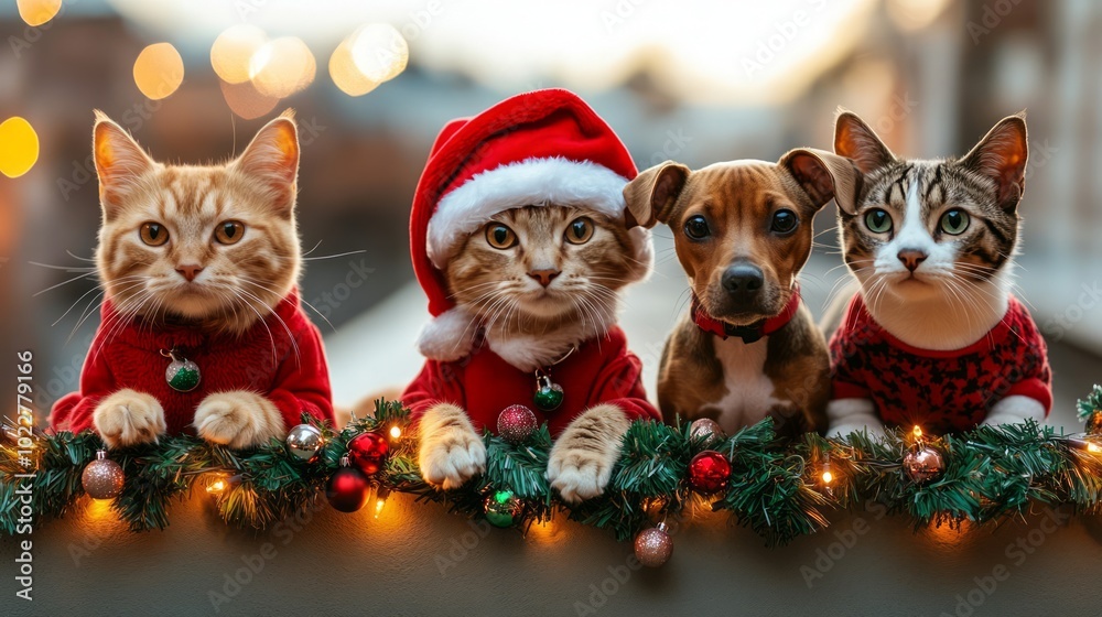 Dog and three cats wearing santa hats and christmas sweaters pose together for a festive photo on a decorated ledge