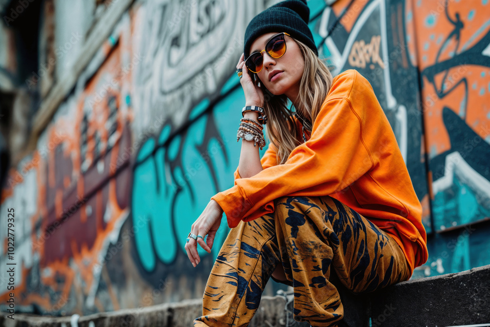 Fototapeta premium Stylish young woman in vibrant orange sweatshirt and patterned pants poses confidently against urban graffiti wall, embodying street fashion and youthful attitude