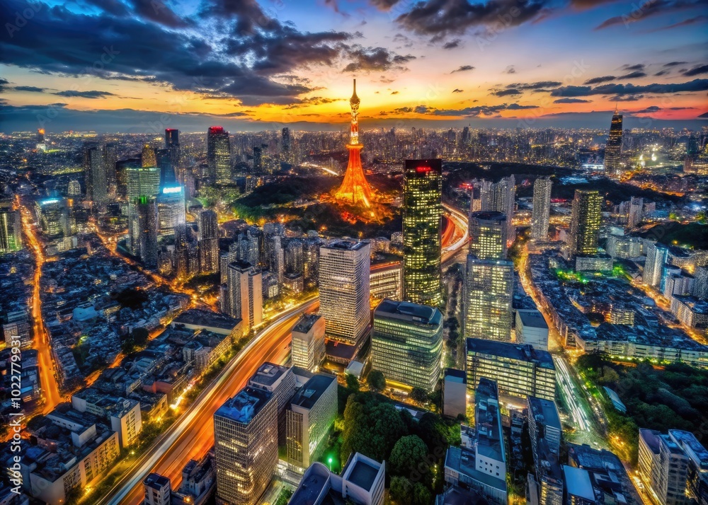 Fototapeta premium Stunning Aerial View of Tokyo at Night Showcasing Vibrant City Lights and Urban Landscape