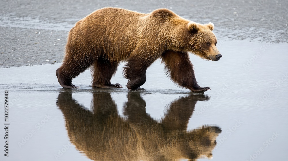 Obraz premium At the Alaskan Izembek National Wildlife Refuge, a brown bear (Ursus arctos horribilus) is seen crossing tidal flats while reflecting.