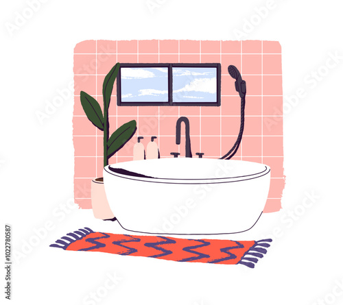 Interior design of bathroom with window and pink ceramic tiles. Bath room with bathtub, shower head, houseplant, carpet and cozy home decor. Flat isolated vector illustration on white background