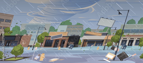 Devastating hurricane and flooding in the city. Natural disaster crushed town. Storm vector illustration