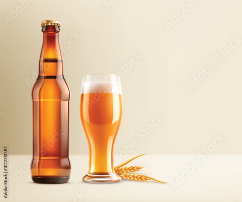 Realistic beer bottle and glass composition background