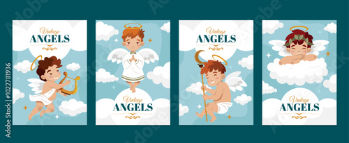 Hand drawn vintage angels vertical cards templates