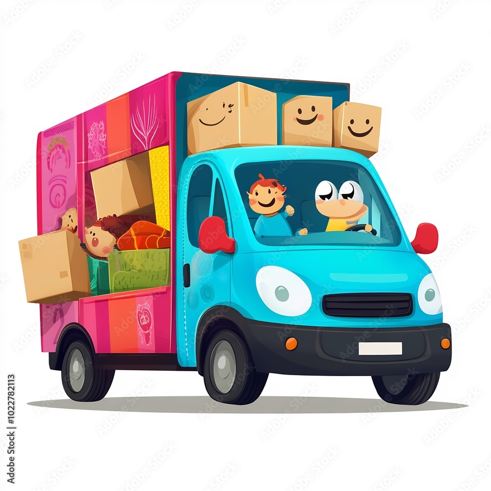 A colorful cartoon moving van with furniture and happy characters carrying boxes, set on a white background A colorful cartoon moving van with furniture and happy characters carrying boxes, set on a white background